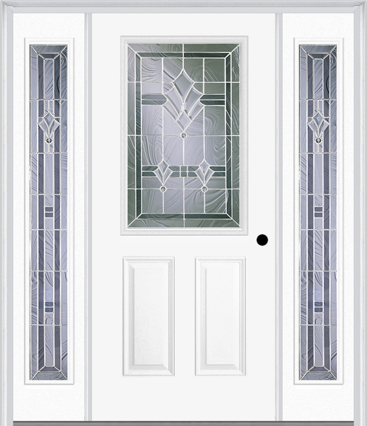 MMI 1/2 Lite 2 Panel 6'8" Fiberglass Smooth Radiant Hues Nickel Exterior Prehung Door With 2 Full Lite Radiant Hues Nickel Decorative Glass Sidelights 684